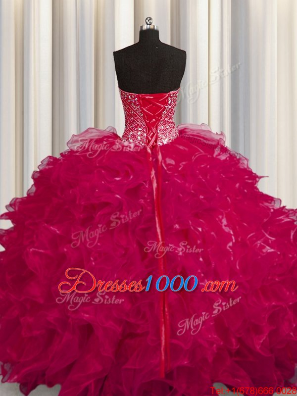 Cheap See Through Coral Red Sleeveless Floor Length Beading and Ruffles Lace Up Quinceanera Gowns