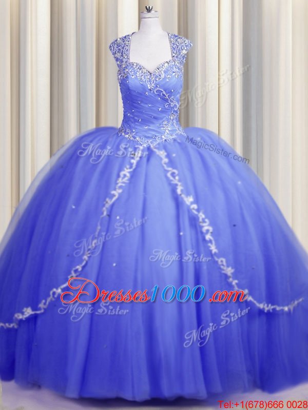 Affordable Zipper Up Cap Sleeves With Train Beading and Appliques Zipper Quinceanera Gown with Blue Brush Train