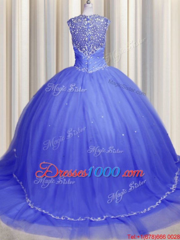 Affordable Zipper Up Cap Sleeves With Train Beading and Appliques Zipper Quinceanera Gown with Blue Brush Train