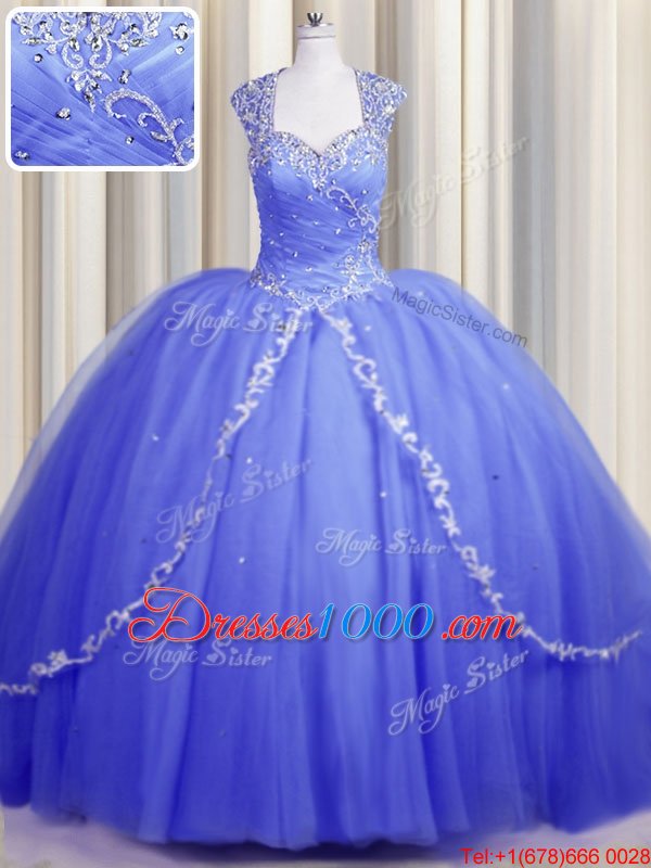Affordable Zipper Up Cap Sleeves With Train Beading and Appliques Zipper Quinceanera Gown with Blue Brush Train