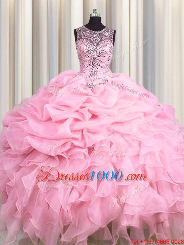 Scoop See Through Baby Pink Lace Up 15 Quinceanera Dress Beading and Ruffles and Pick Ups Sleeveless Floor Length