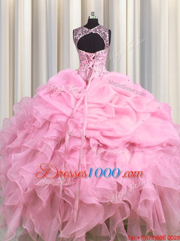 Scoop See Through Baby Pink Lace Up 15 Quinceanera Dress Beading and Ruffles and Pick Ups Sleeveless Floor Length