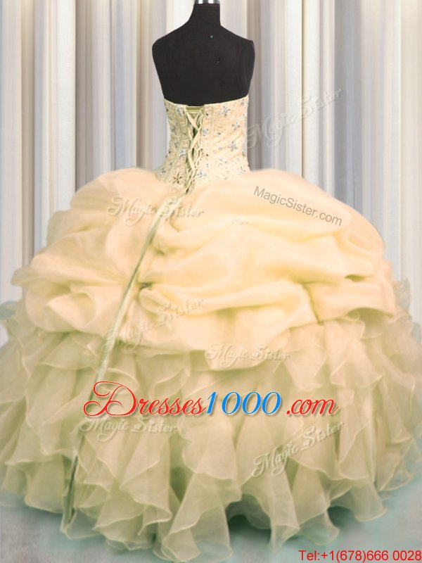 Pick Ups Visible Boning Ball Gowns Sweet 16 Dress Peach Sweetheart Organza Sleeveless Floor Length Lace Up