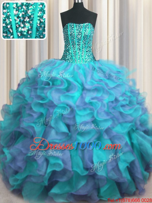 Visible Boning Beaded Bodice Strapless Sleeveless Lace Up Ball Gown Prom Dress Multi-color Organza