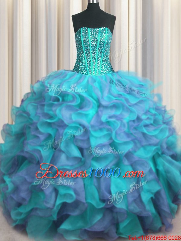 Visible Boning Beaded Bodice Strapless Sleeveless Lace Up Ball Gown Prom Dress Multi-color Organza