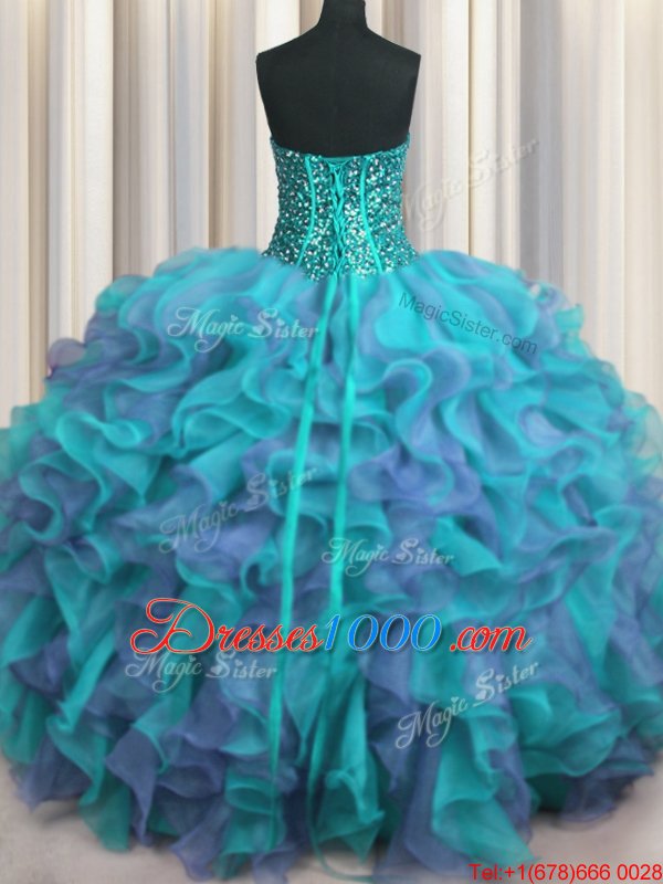 Visible Boning Beaded Bodice Strapless Sleeveless Lace Up Ball Gown Prom Dress Multi-color Organza