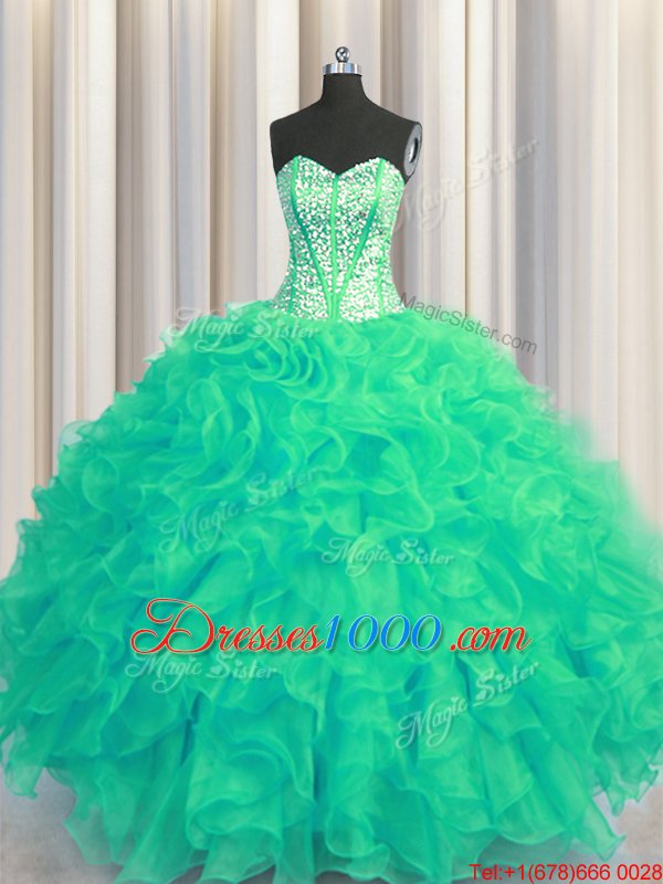 Visible Boning Beaded Bodice Sweetheart Sleeveless Lace Up Sweet 16 Quinceanera Dress Turquoise Organza