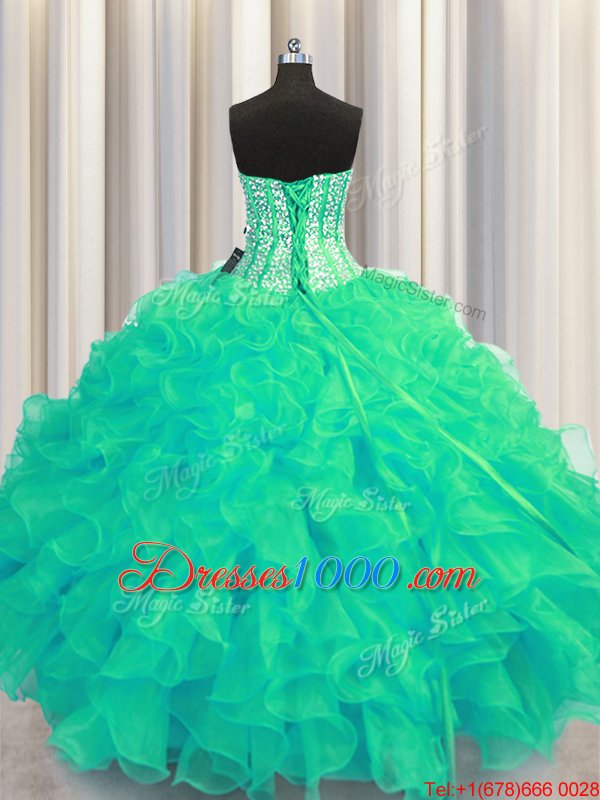 Visible Boning Beaded Bodice Sweetheart Sleeveless Lace Up Sweet 16 Quinceanera Dress Turquoise Organza