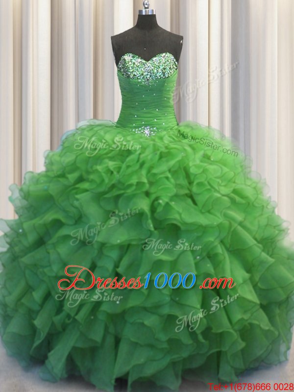 Suitable Beaded Bust Green Sweetheart Neckline Beading and Ruffles Quinceanera Gowns Sleeveless Lace Up