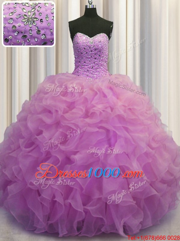 Low Price Lilac Ball Gowns Organza Sweetheart Sleeveless Beading and Ruffles Floor Length Lace Up Sweet 16 Dress