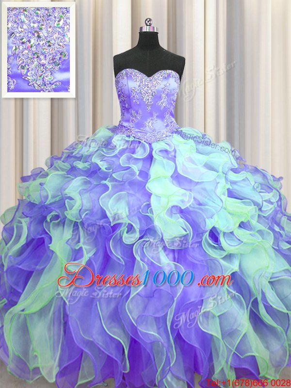 Sleeveless Organza Floor Length Lace Up Ball Gown Prom Dress in Multi-color for with Beading and Appliques and Ruffles