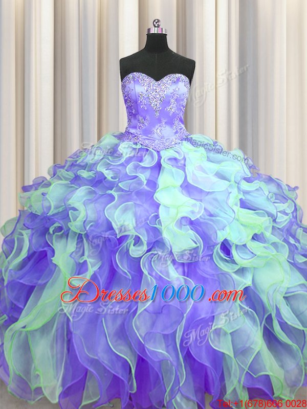 Sleeveless Organza Floor Length Lace Up Ball Gown Prom Dress in Multi-color for with Beading and Appliques and Ruffles