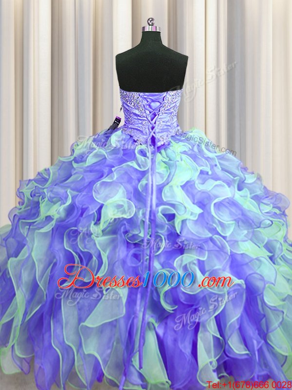 Sleeveless Organza Floor Length Lace Up Ball Gown Prom Dress in Multi-color for with Beading and Appliques and Ruffles