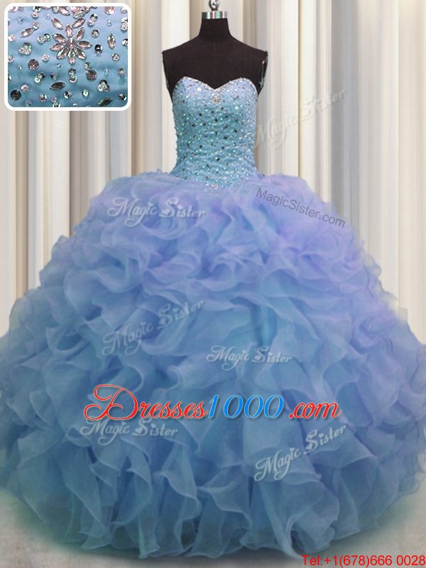Turquoise Organza Lace Up V-neck Sleeveless Floor Length Sweet 16 Dress Beading and Ruffles