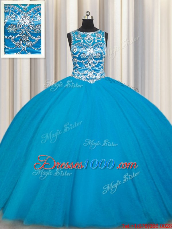 Scoop Tulle Sleeveless Floor Length 15 Quinceanera Dress and Beading