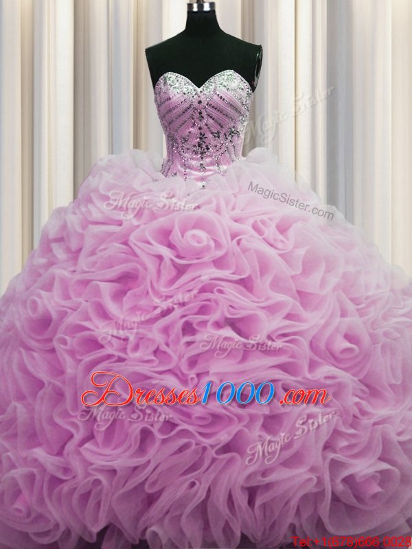 Sophisticated Lilac Ball Gowns Fabric With Rolling Flowers Sweetheart Sleeveless Beading and Pick Ups Lace Up 15th Birthday Dress Brush Train