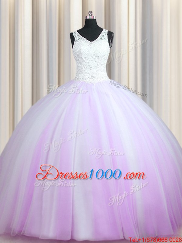Lovely Zipper Up Lilac Quince Ball Gowns Military Ball and Sweet 16 and Quinceanera and For with Beading V-neck Sleeveless Brush Train Zipper