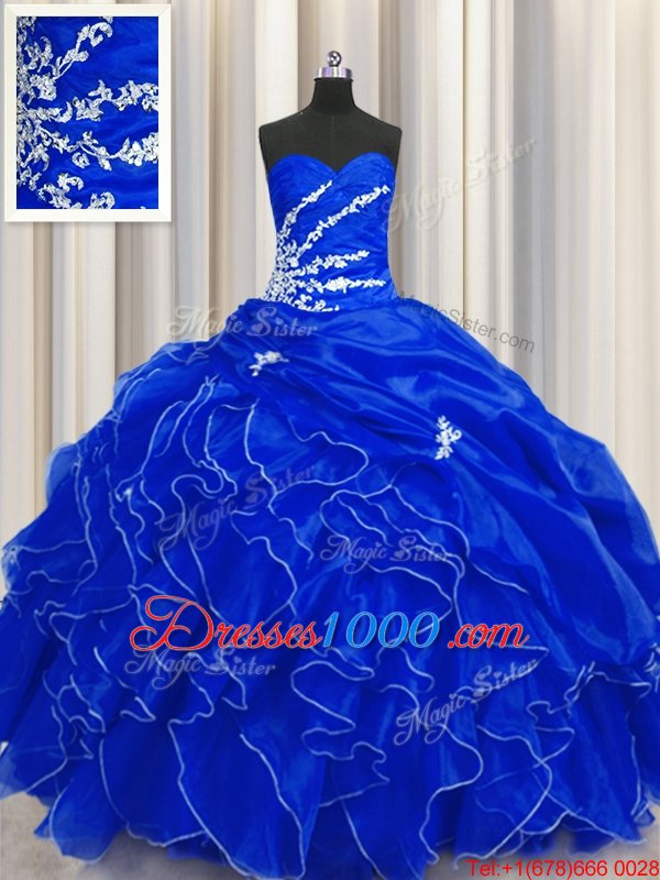 Royal Blue Ball Gowns Organza Sweetheart Sleeveless Beading and Appliques and Ruffles Floor Length Lace Up Quinceanera Dresses
