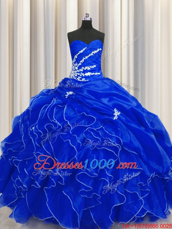 Royal Blue Ball Gowns Organza Sweetheart Sleeveless Beading and Appliques and Ruffles Floor Length Lace Up Quinceanera Dresses
