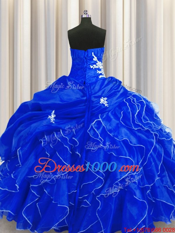 Royal Blue Ball Gowns Organza Sweetheart Sleeveless Beading and Appliques and Ruffles Floor Length Lace Up Quinceanera Dresses