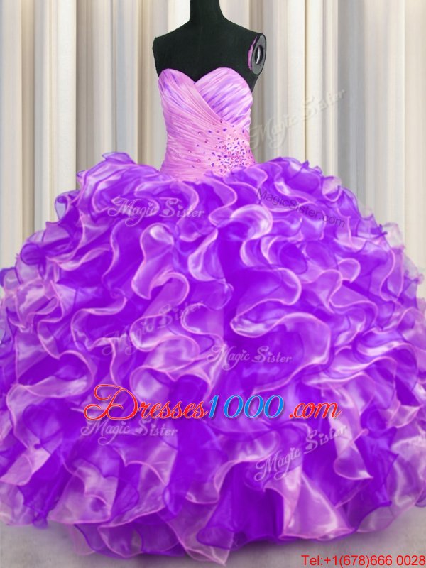 Multi-color Organza and Tulle Lace Up Sweetheart Sleeveless Floor Length Sweet 16 Quinceanera Dress Beading and Ruffles
