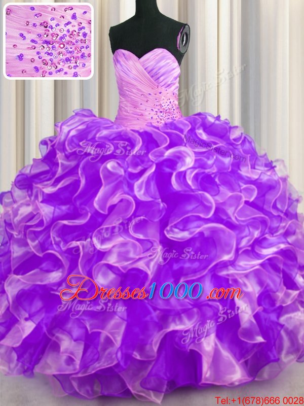 Multi-color Organza and Tulle Lace Up Sweetheart Sleeveless Floor Length Sweet 16 Quinceanera Dress Beading and Ruffles
