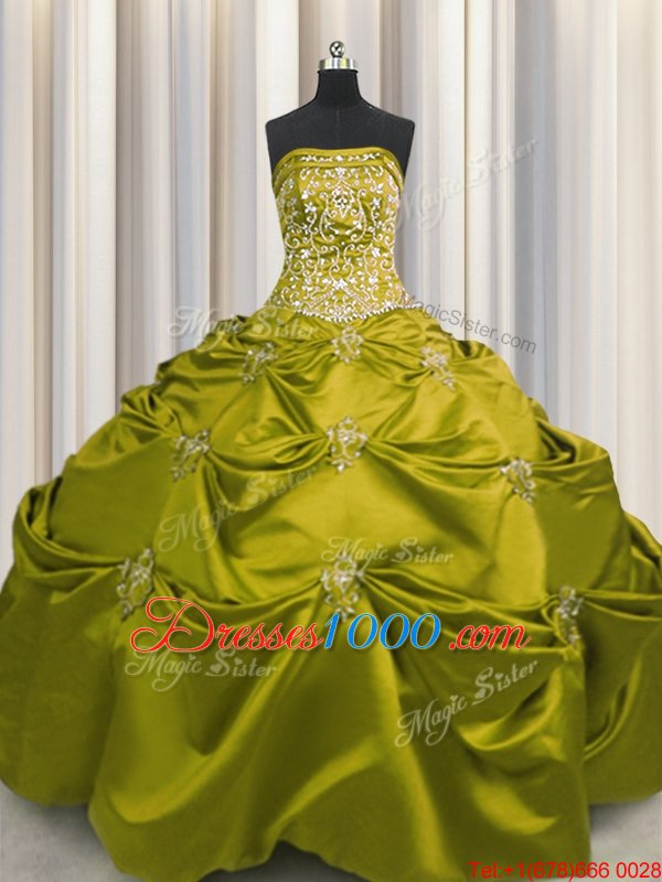 Affordable Sleeveless Taffeta Floor Length Lace Up 15 Quinceanera Dress in Olive Green for with Beading and Appliques and Embroidery