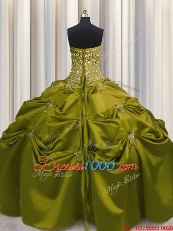 Affordable Sleeveless Taffeta Floor Length Lace Up 15 Quinceanera Dress in Olive Green for with Beading and Appliques and Embroidery