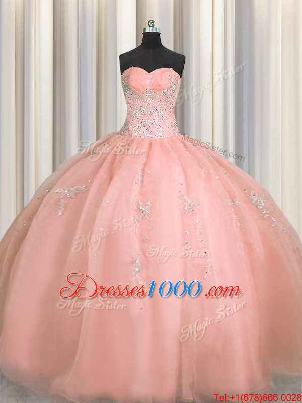 Puffy Skirt Watermelon Red Ball Gowns Beading and Appliques 15th Birthday Dress Zipper Organza Sleeveless Floor Length