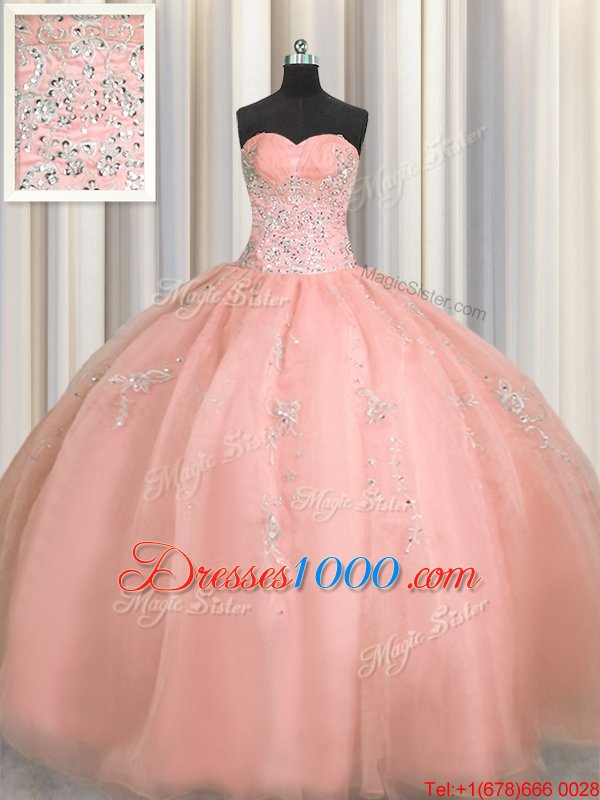 Puffy Skirt Watermelon Red Ball Gowns Beading and Appliques 15th Birthday Dress Zipper Organza Sleeveless Floor Length