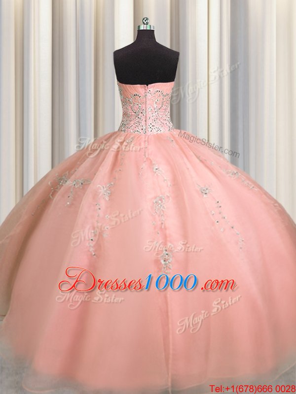 Puffy Skirt Watermelon Red Ball Gowns Beading and Appliques 15th Birthday Dress Zipper Organza Sleeveless Floor Length