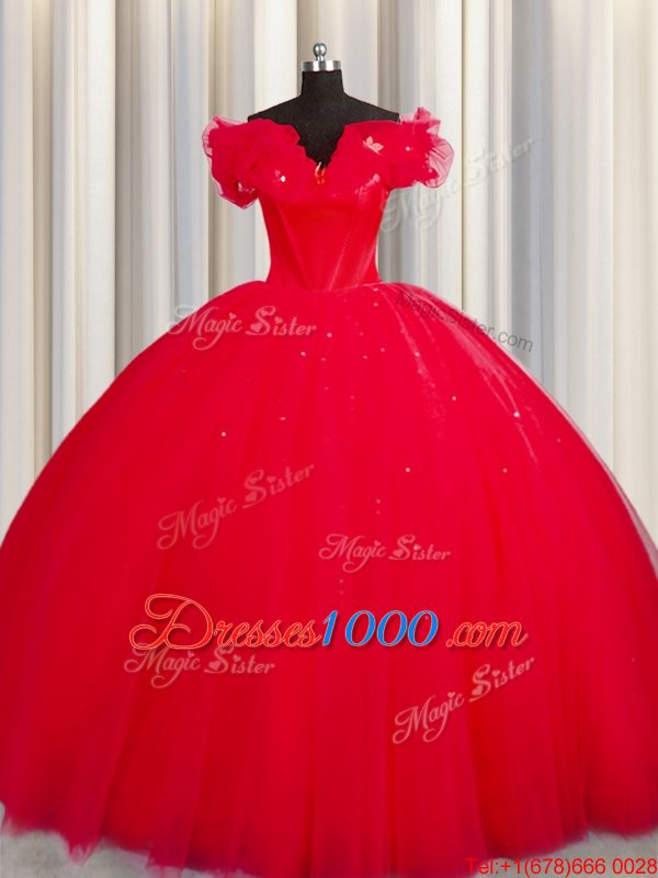 Off The Shoulder With Train Lace Up Quinceanera Dress Red and In for Military Ball and Sweet 16 and Quinceanera with Ruching Court Train