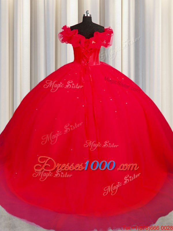 Off The Shoulder With Train Lace Up Quinceanera Dress Red and In for Military Ball and Sweet 16 and Quinceanera with Ruching Court Train