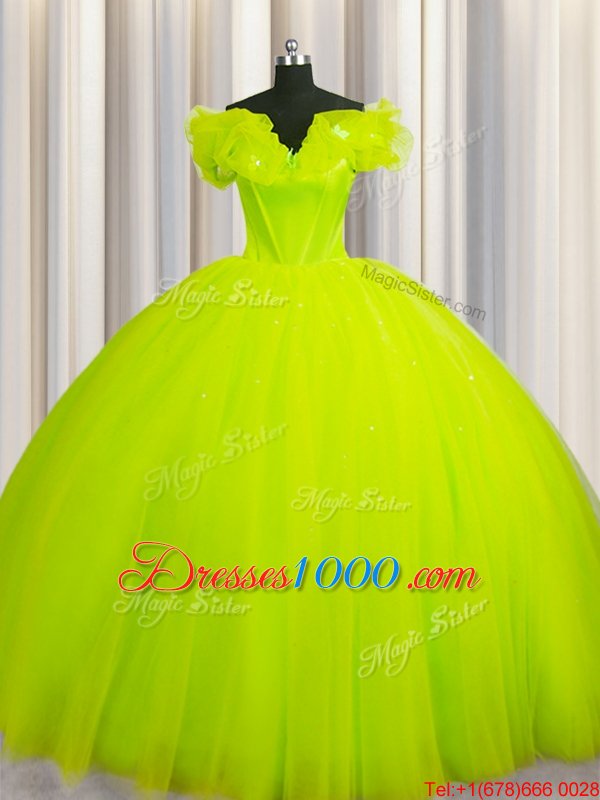 Vintage Yellow Green Ball Gowns Tulle Off The Shoulder Short Sleeves Ruching With Train Lace Up Quinceanera Gown Court Train