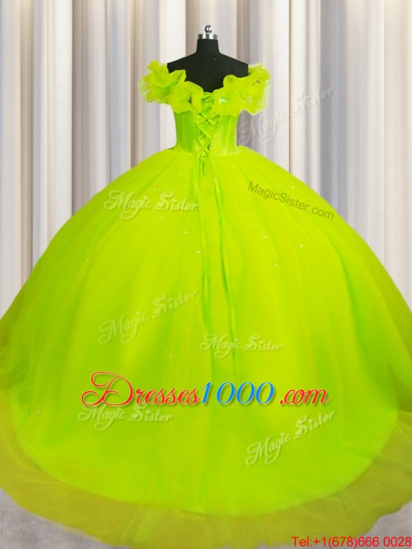 Vintage Yellow Green Ball Gowns Tulle Off The Shoulder Short Sleeves Ruching With Train Lace Up Quinceanera Gown Court Train