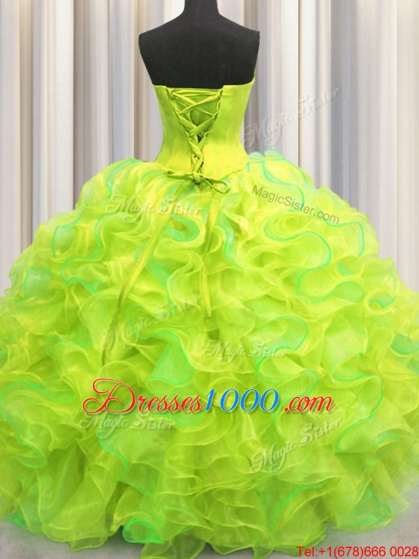 Three Piece Visible Boning Tulle Sleeveless Floor Length Sweet 16 Dresses and Beading and Ruffles and Ruffled Layers and Sequins