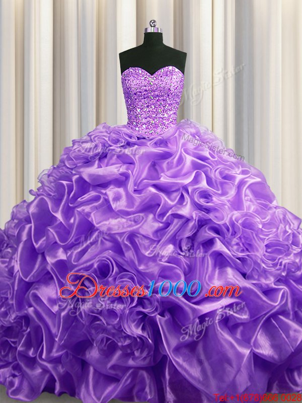Popular Pick Ups Court Train Ball Gowns 15 Quinceanera Dress Lilac Sweetheart Organza Sleeveless With Train Lace Up