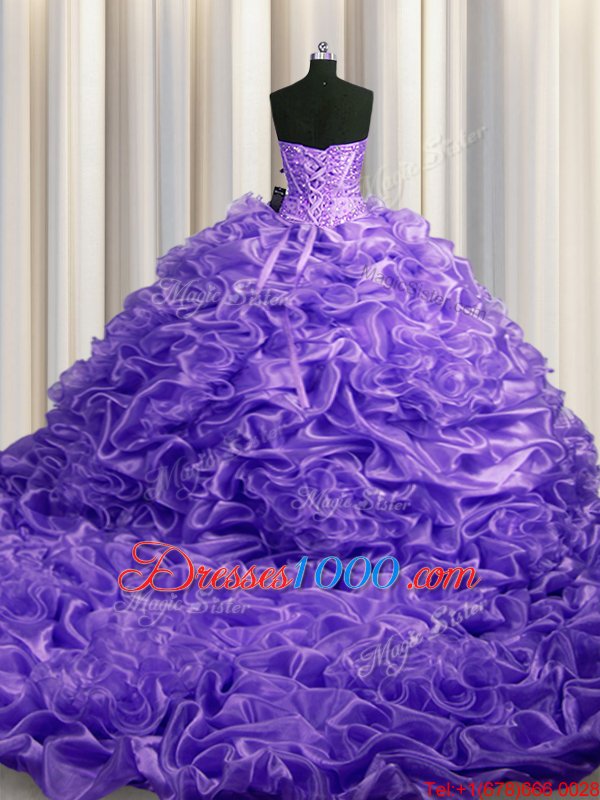 Popular Pick Ups Court Train Ball Gowns 15 Quinceanera Dress Lilac Sweetheart Organza Sleeveless With Train Lace Up