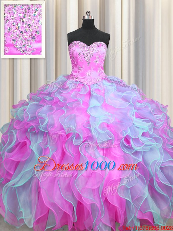Multi-color Ball Gowns Sweetheart Sleeveless Organza Floor Length Lace Up Beading and Appliques and Ruffles 15th Birthday Dress