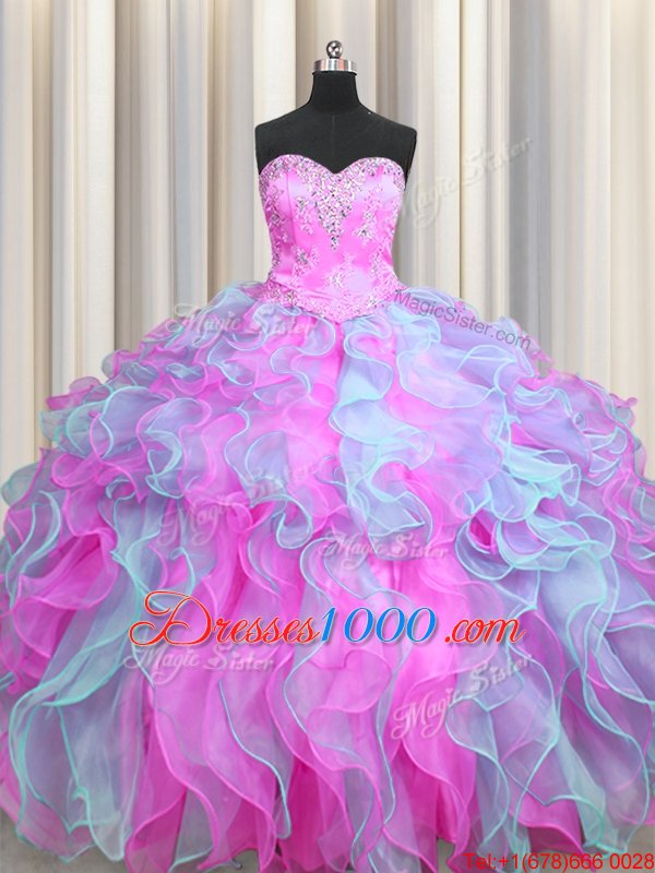 Multi-color Ball Gowns Sweetheart Sleeveless Organza Floor Length Lace Up Beading and Appliques and Ruffles 15th Birthday Dress