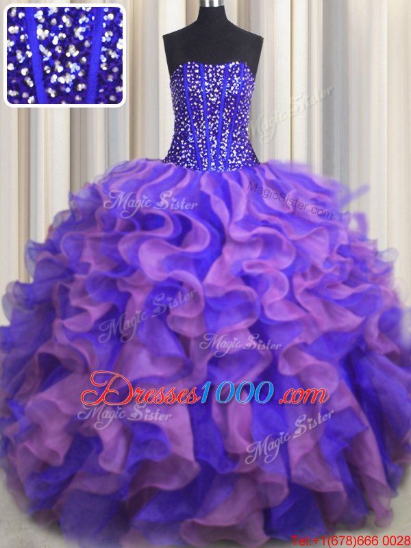 Visible Boning Bling-bling Organza Sleeveless Floor Length 15 Quinceanera Dress and Beading and Ruffles
