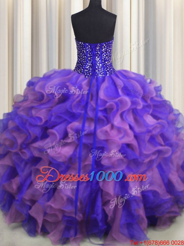 Visible Boning Bling-bling Organza Sleeveless Floor Length 15 Quinceanera Dress and Beading and Ruffles