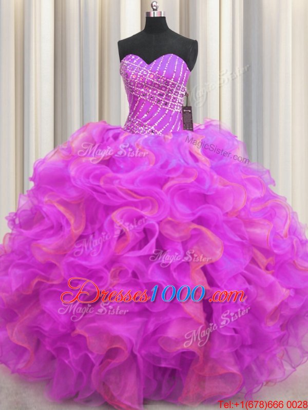 Leopard Two Tone V Neck Multi-color Sleeveless Floor Length Beading and Ruffles Lace Up Sweet 16 Quinceanera Dress