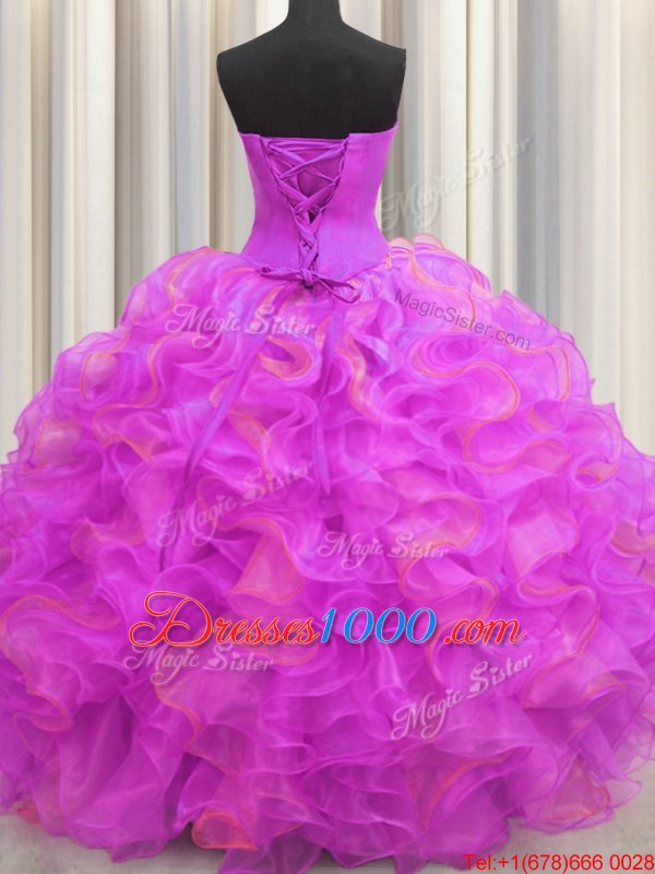 Leopard Two Tone V Neck Multi-color Sleeveless Floor Length Beading and Ruffles Lace Up Sweet 16 Quinceanera Dress