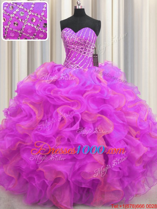 Leopard Two Tone V Neck Multi-color Sleeveless Floor Length Beading and Ruffles Lace Up Sweet 16 Quinceanera Dress