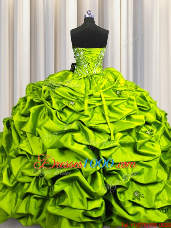 Floor Length Lace Up Quinceanera Gown Olive Green and In for Military Ball and Sweet 16 and Quinceanera with Beading and Embroidery and Ruffles and Sequins and Pick Ups