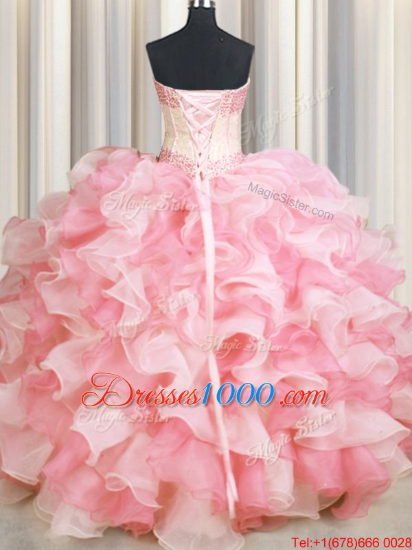 Visible Boning Two Tone Pink And White Ball Gowns Beading and Ruffles Quinceanera Gown Lace Up Organza Sleeveless Floor Length