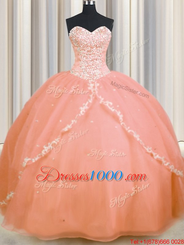 Ball Gowns V-neck Sleeveless Organza Floor Length Lace Up Beading and Ruffles Quinceanera Dress
