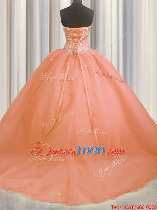 Ball Gowns V-neck Sleeveless Organza Floor Length Lace Up Beading and Ruffles Quinceanera Dress