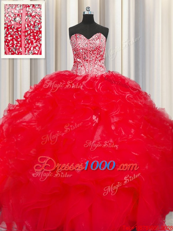 Visible Boning Pink Organza Lace Up Scalloped Sleeveless Floor Length Sweet 16 Dress Beading and Ruffles